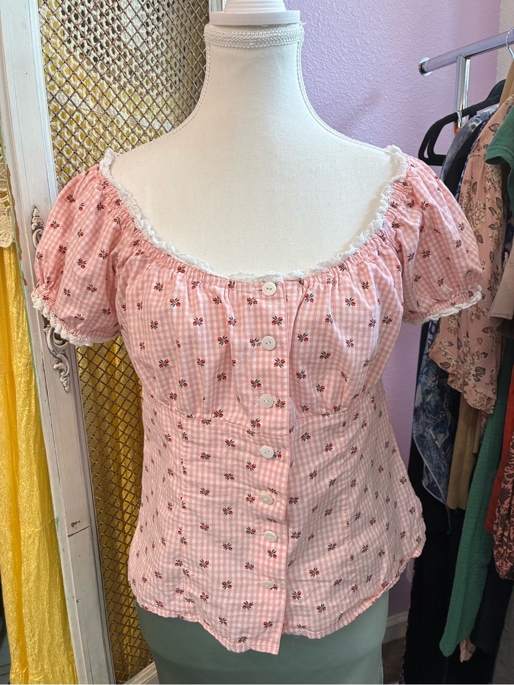 H Moser Pink Gingham Floral Blouse Cotton Coquette Cottagecore Top Size M